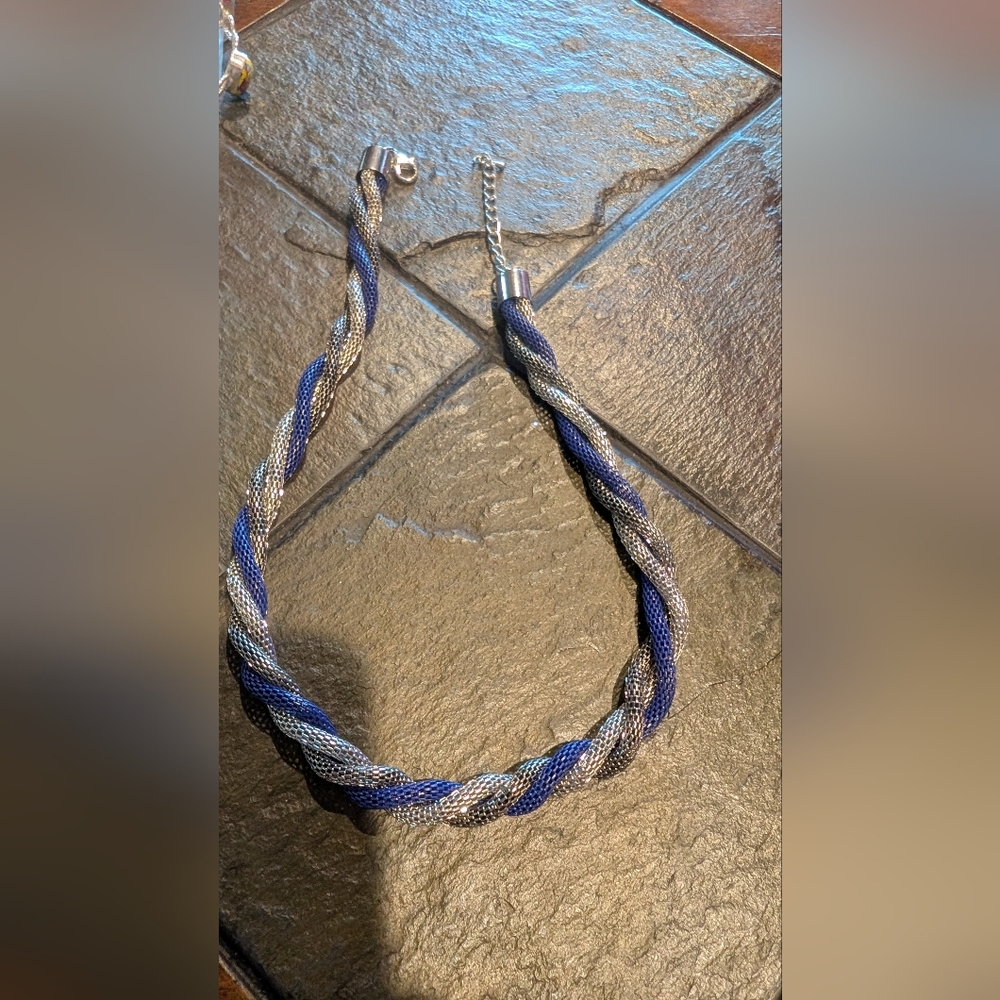 Elegant Silver and Blue Braided Necklace